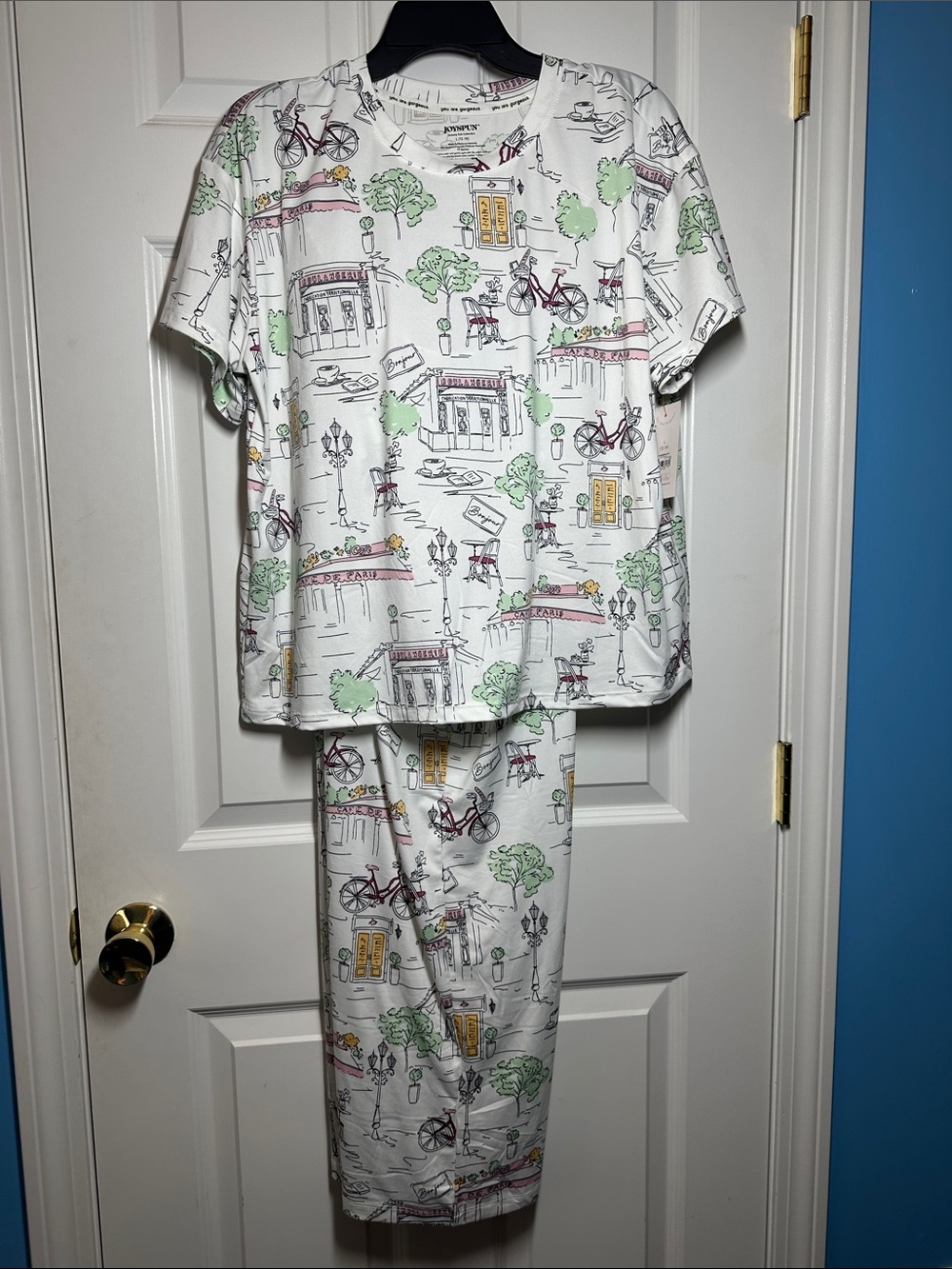 NWT JoyspuShort Sleeve White Scenic Print Pajama Set w/Green Accents Sz L